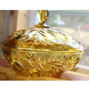 Hazel-Atlas amber glass triangular covered candy or trinket dish